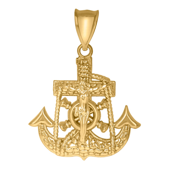 10KT Yellow Gold Mens Crucifix Anchor Nugget Religious Charm Pendant