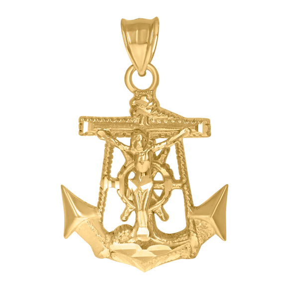 10KT Yellow Gold Mens Crucifix Anchor Religious Charm Pendant