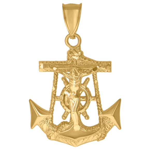 10KT Yellow Gold Mens Crucifix Anchor Religious Charm Pendant
