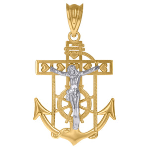 10KT Two-Tone Gold Mens Crucifix Anchor Religious Charm Pendant