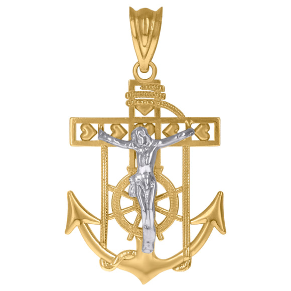 10KT Two-Tone Gold Mens Crucifix Anchor Religious Charm Pendant