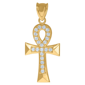 10KT Yellow Gold Mens Cubic Zirconia Ankh Cross Egyptian Religious Charm Pendant