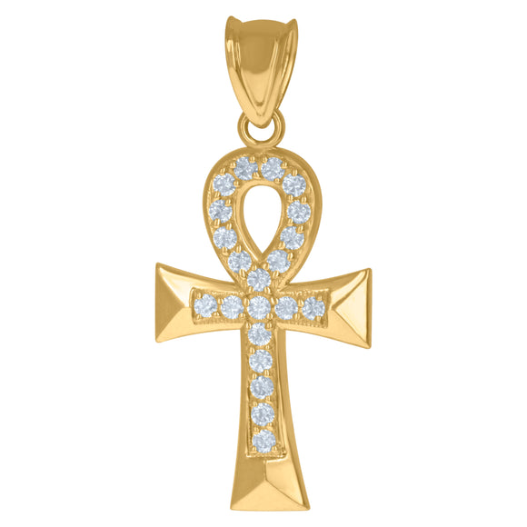10KT Yellow Gold Mens Cubic Zirconia Ankh Cross Egyptian Religious Charm Pendant