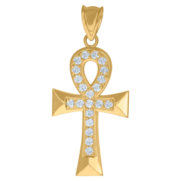 10kt Yellow Gold Mens Cubic-Zirconia Religious Ankh Cross Charm Pendant