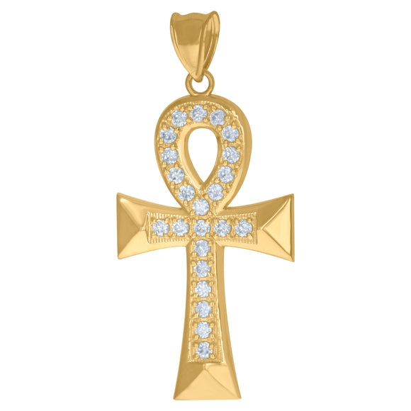 10KT Yellow Gold Mens Cubic Zirconia Ankh Cross Egyptian Religious Charm Pendant