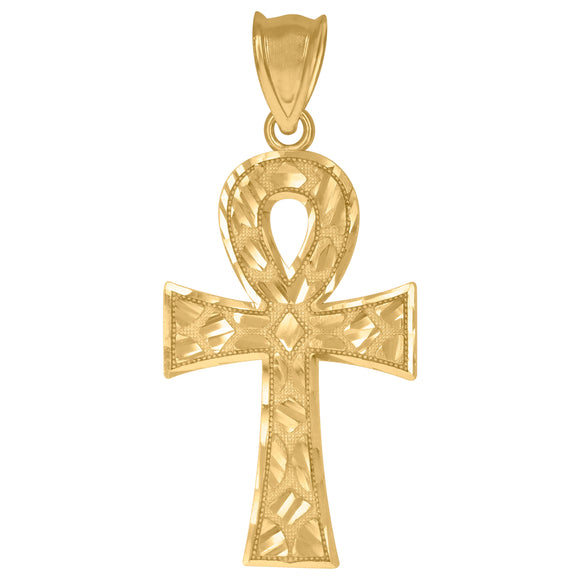 10KT Yellow Gold Mens Ankh Cross Nugget Religious Charm Pendant