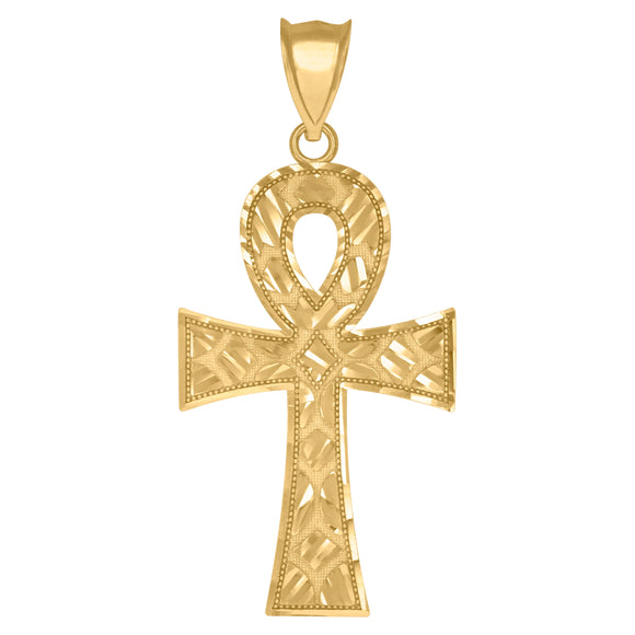 10KT Yellow Gold Mens Ankh Cross Nugget Religious Charm Pendant