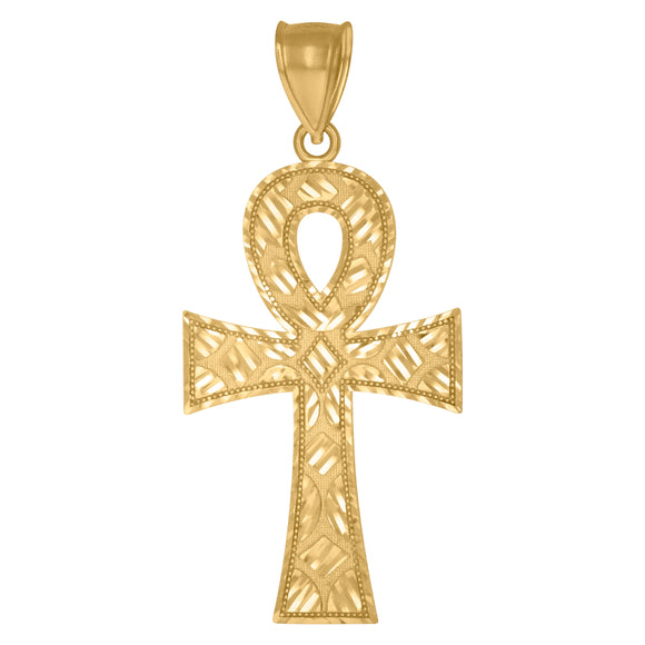 10KT Yellow Gold Mens Ankh Cross Nugget Religious Charm Pendant