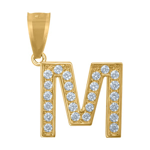 10kt Yellow Gold Unisex Cubic Zirconia M Alphabet Initial Charm Pendant