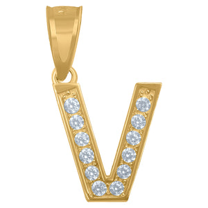 10kt Yellow Gold Unisex Cubic Zirconia V Alphabet Initial Charm Pendant