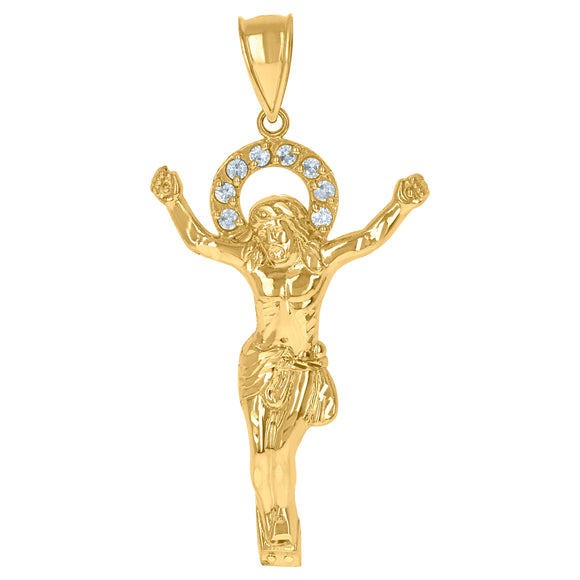 10KT Yellow Gold Mens Cubic Zirconia Crucifix Religious Charm Pendant