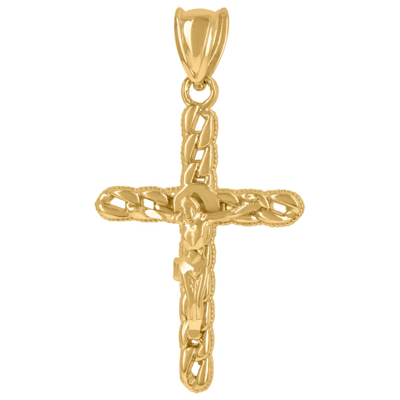 10KT Yellow Gold Mens Crucifix Cross Cuban Religious Charm Pendant
