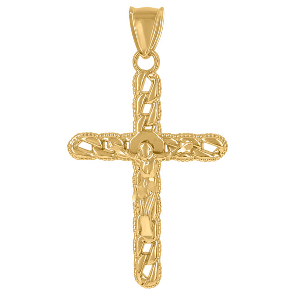 10KT Yellow Gold Mens Crucifix Cross Cuban Religious Charm Pendant