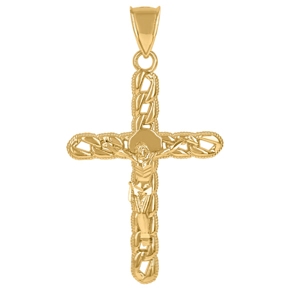 10KT Yellow Gold Mens Crucifix Cross Cuban Religious Charm Pendant