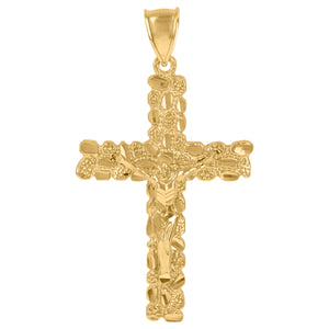 10KT Yellow Gold Mens Crucifix Cross Nugget Religious Charm Pendant