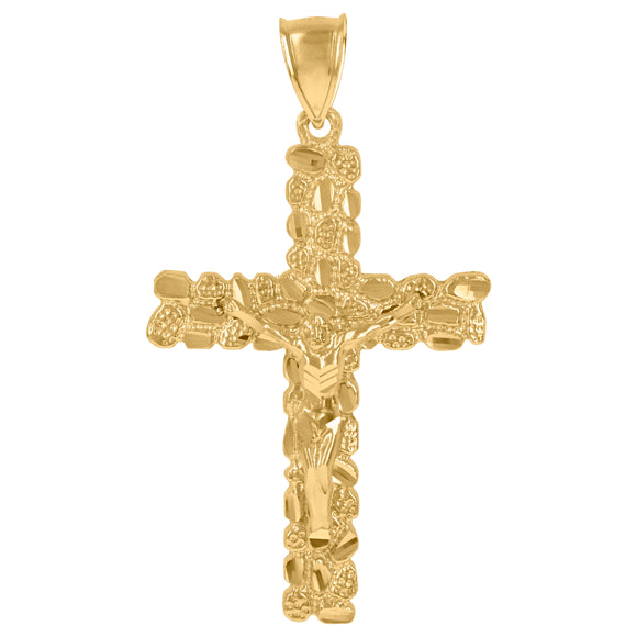 10KT Yellow Gold Mens Crucifix Cross Nugget Religious Charm Pendant