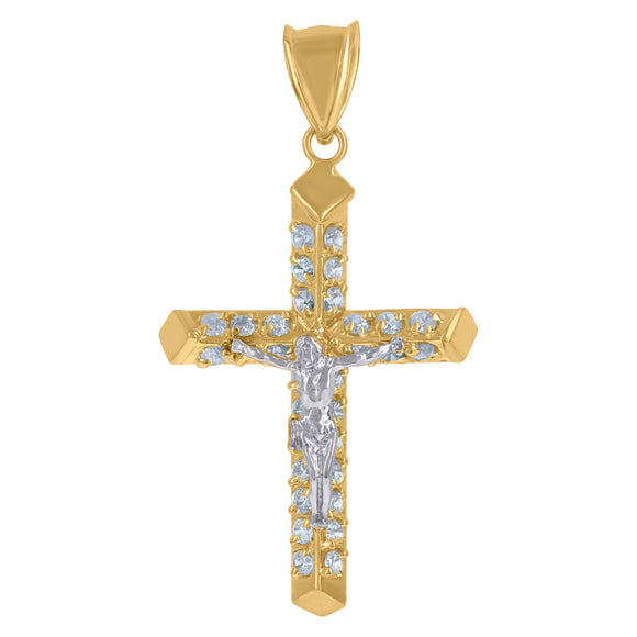 10KT Two-Tone Gold Mens Cubic Zirconia Crucifix Cross Passion Religious Charm Pendant