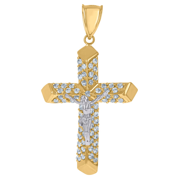 10KT Two-Tone Gold Mens Cubic Zirconia Crucifix Cross Passion Religious Charm Pendant