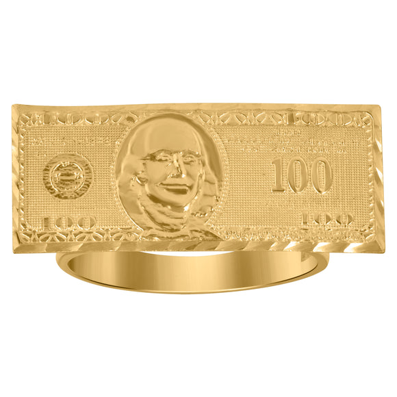 10Kt Yellow Gold Mens Diamond-cut Fashion Currency Dollar Bill Ring