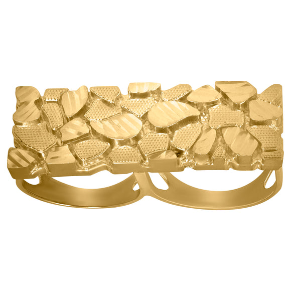 10Kt Yellow Gold Mens Diamond-cut Nugget Rectangle Head Two-Finger Ring