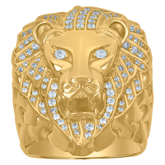 10Kt Yellow Gold Mens Cubic-Zirconia Lion Zodiac Sign/Animal Rings