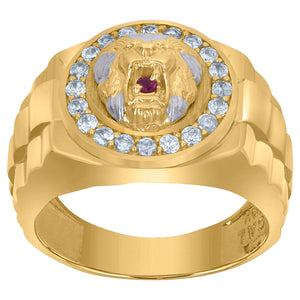 10Kt Two-Tone Gold Mens Pink Cubic-Zirconia Lion Zodiac Sign/Animal Rings