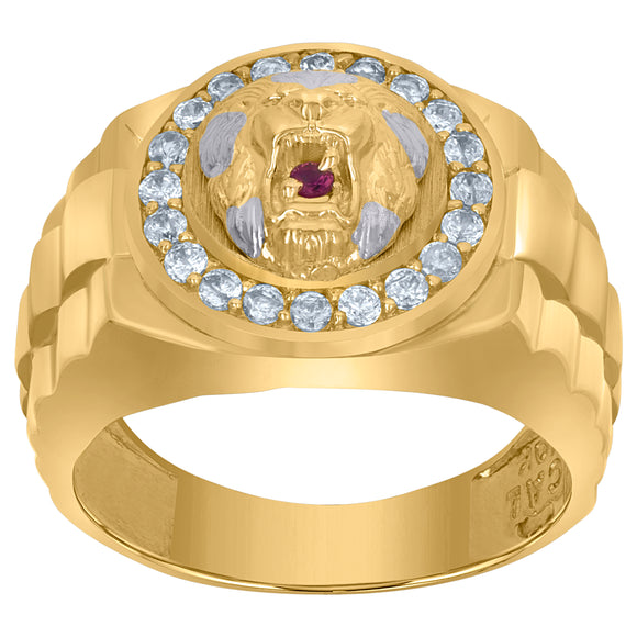 10Kt Two-Tone Gold Mens Pink Cubic-Zirconia Lion Zodiac Sign/Animal Rings