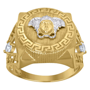 10Kt Two-Tone Gold Mens Cubic-Zirconia Versace Greek Key Egyptian Rings