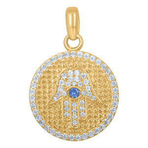 10kt Yellow Gold Mens White Blue Cubic Zirconia Hamsa Religious Charm Pendant