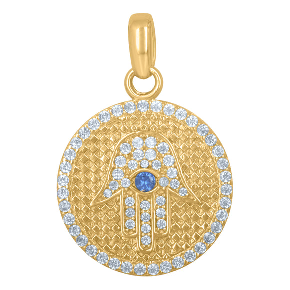 10kt Yellow Gold Mens White Blue Cubic Zirconia Hamsa Religious Charm Pendant
