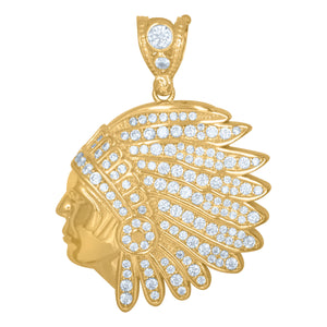 10kt Yellow Gold Mens Cubic Zirconia Native Indian Fashion Charm Pendant