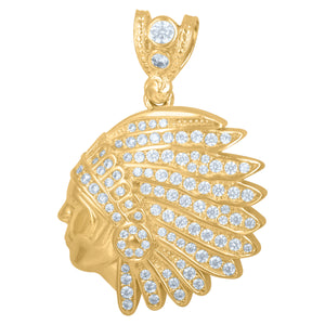 10kt Yellow Gold Mens Cubic Zirconia Native Indian Fashion Charm Pendant