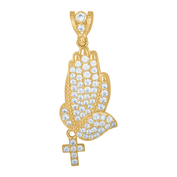 10kt Yellow Gold Mens Cubic Zirconia Rosary Praying Hands Religious Charm Pendant