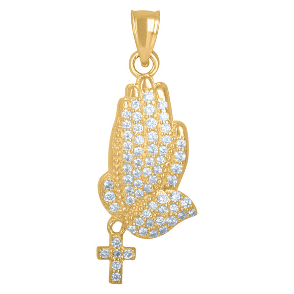 10kt Yellow Gold Mens Cubic Zirconia Rosary Praying Hands Religious Charm Pendant