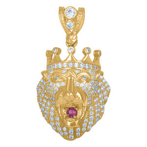 10kt Yellow Gold Mens White Pink Cubic Zirconia Lion Charm Pendant
