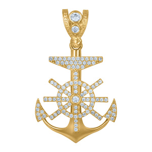 10kt Yellow Gold Mens Cubic Zirconia Anchor Ocean Charm Pendant