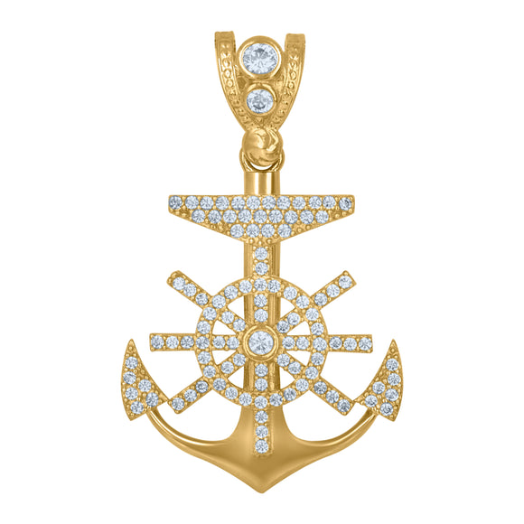 10kt Yellow Gold Mens Cubic Zirconia Anchor Ocean Charm Pendant