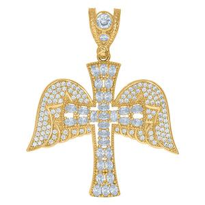 10kt Yellow Gold Mens Cubic Zirconia Angel Wings Cross Religious Charm Pendant