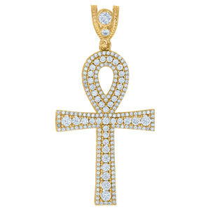 10kt Yellow Gold Mens Cubic Zirconia Egyptian Ankh Cross Religious Charm Pendant