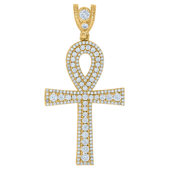 10kt Yellow Gold Mens Cubic Zirconia Egyptian Ankh Cross Religious Charm Pendant