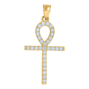 10kt Yellow Gold Mens Cubic Zirconia Egyptian Ankh Cross Religious Charm Pendant