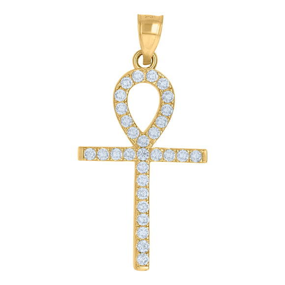 10kt Yellow Gold Mens Cubic Zirconia Egyptian Ankh Cross Religious Charm Pendant