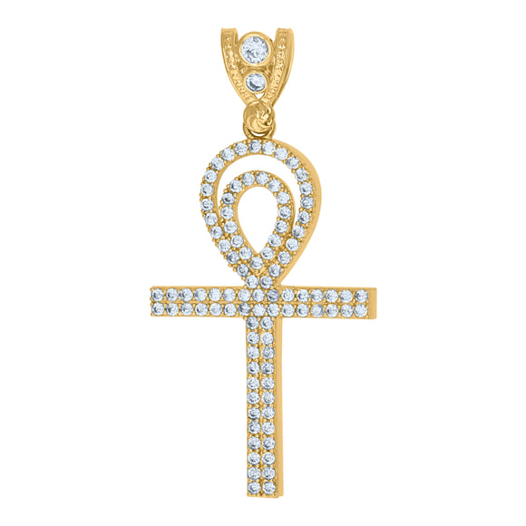 10kt Yellow Gold Mens Cubic Zirconia Egyptian Ankh Cross Religious Charm Pendant
