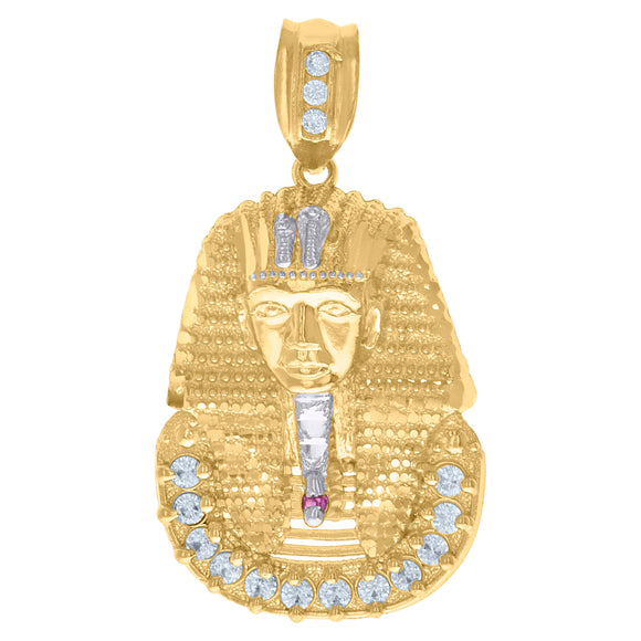 10kt Two-Tone Gold Mens White Purple Cubic-Zirconia Egyptian Pharaoh Charm Pendant