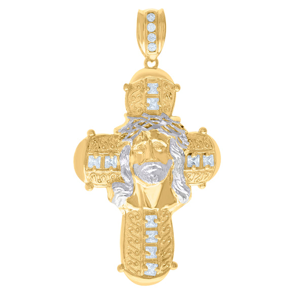 10kt Two-Tone Gold Mens Cubic-Zirconia Religious Cross Jesus Charm Pendant