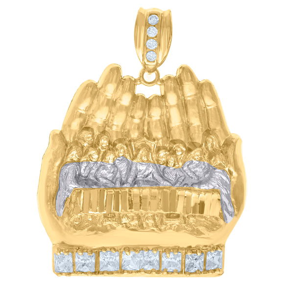 10kt Two-Tone Gold Mens Princess Cut Cubic-Zirconia Religious Praying Hands Last Supper Charm Pendant