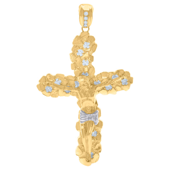 10kt Two-Tone Gold Mens Cubic-Zirconia Religious Cross Crucifix Charm Pendant
