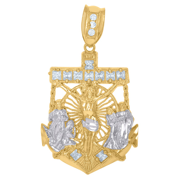 10kt Two-Tone Gold Mens Princess Cut Cubic-Zirconia Religious Crucifix Anchor Charm Pendant