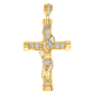 10kt Two-Tone Gold Mens Princess Cut Cubic-Zirconia Religious Cross Crucifix Inri Crucifix Charm Pendant