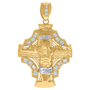 10kt Two-Tone Gold Mens Princess Cut Cubic-Zirconia Religious Inri Crucifix Charm Pendant